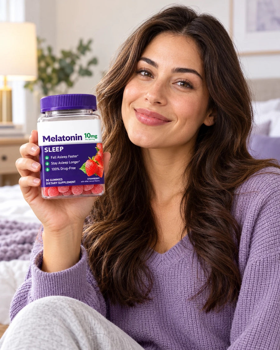 Smiling woman in a lavender jumper holding a jar of strawberry sleep gummies